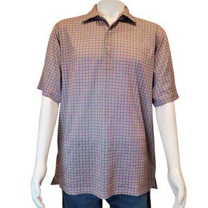 DONALD ROSS SZ L Men's Plaid Stretch Knit Golf Polo Shirt Blue Green Pink Yellow
